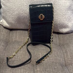 Maje Green and Gold Crossbody Bag with Croc Embossed Finish and Chain Strap